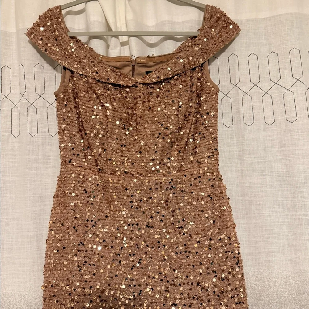 Elegant Rose Gold/Blush Sequin Off-Shoulder Dress - Picture 3 of 8